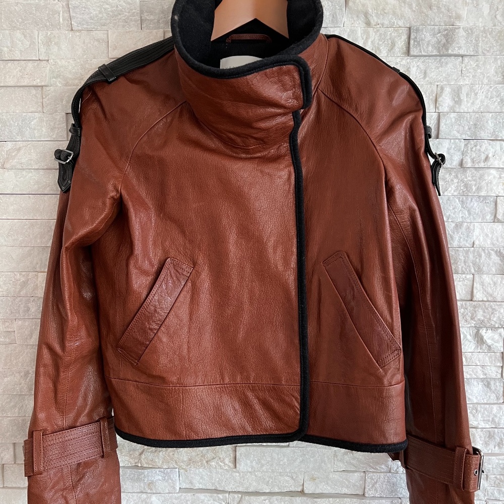 Veronica Beard Brown Leather Jacket with Black Trim